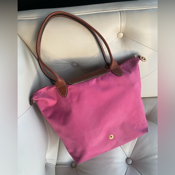 Longchamp Le Pliage Original Medium Tote Hot Pink Magenta Nylon Brown Leather - Picture 14 of 16